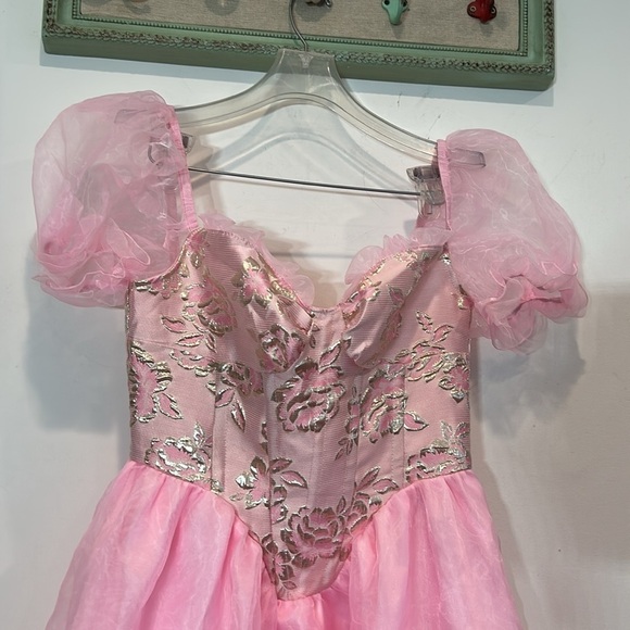 Brand New regal brocade metallic a line mini dress tea party pink gold medium - Picture 3 of 7